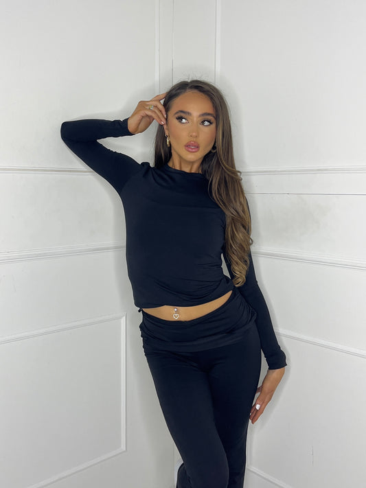 Long Sleeve Round Neck Top & Flares Co-Ord Second Skin - Black