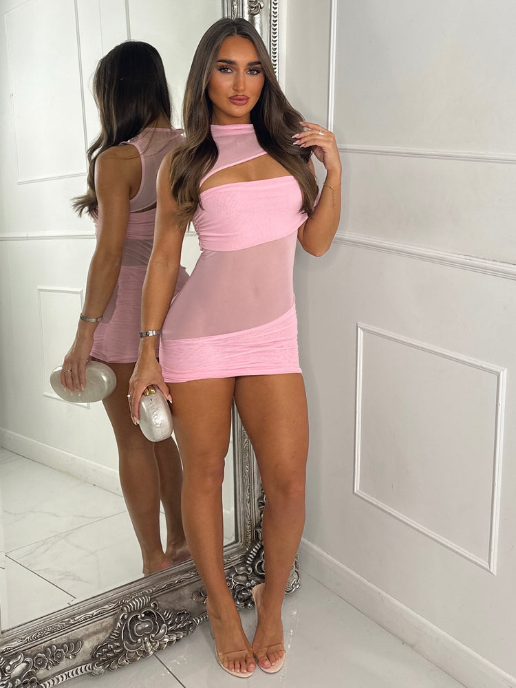 Mesh Contrast Mini Dress With Cut Out Detail - Baby Pink