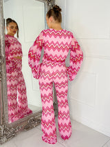 Knitted Crochet Flared Sleeve Top & Flared Pants Co-ord - White/Pink