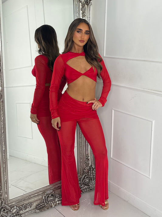 Cross Over Detail Mesh Contrast Top & Pants Co-Ord - Red