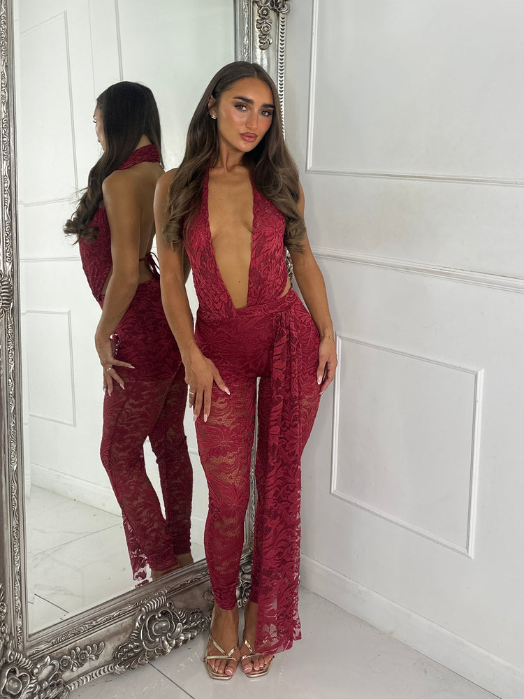Lucia Lace Halter Jumpsuit - Wine