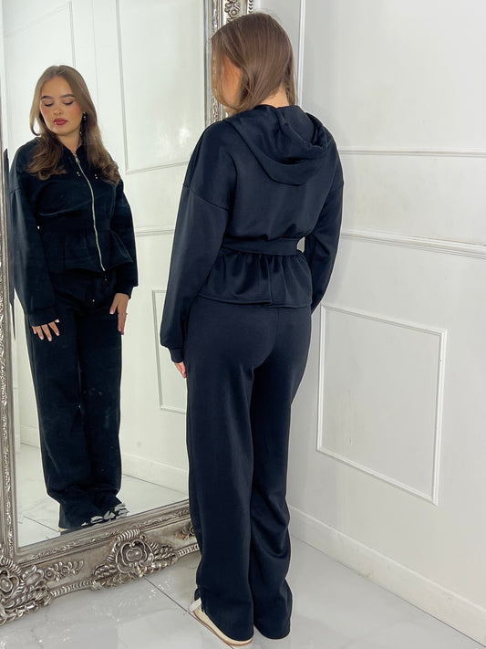 Straight Leg Trousers & Sinch Waist Detail Hoodie Co Ord - Black