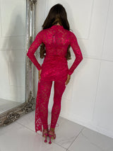 Sash Skirt Overlay Detail Lace Jumpsuit - Hot Pink