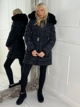 Long Padded Belted Coat With Faux Fur Hood - Black