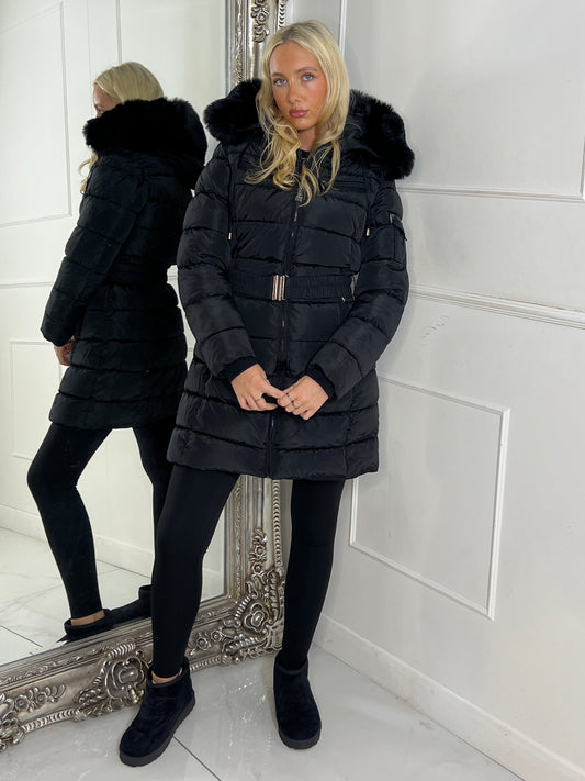 Long Padded Belted Coat With Faux Fur Hood - Black