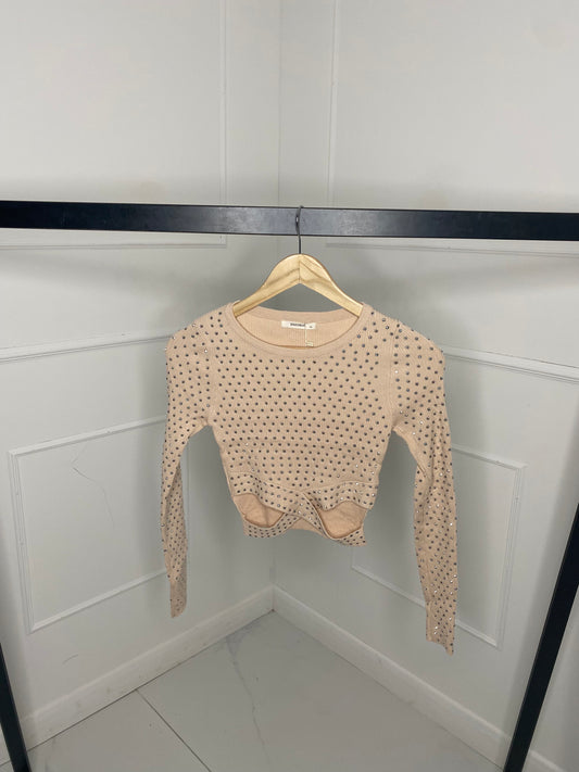 Cross Detail Studded Jumper- Beige