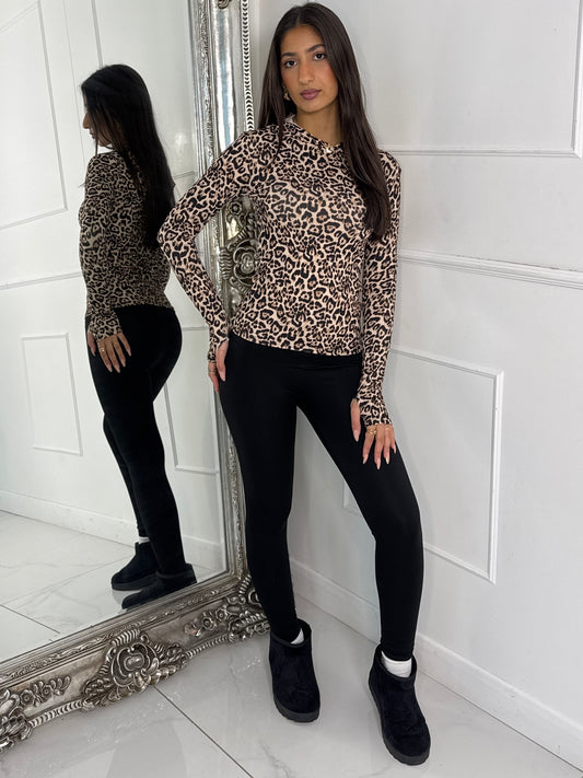 Long Sleeve Second Skin Hooded Top - Leopard Print