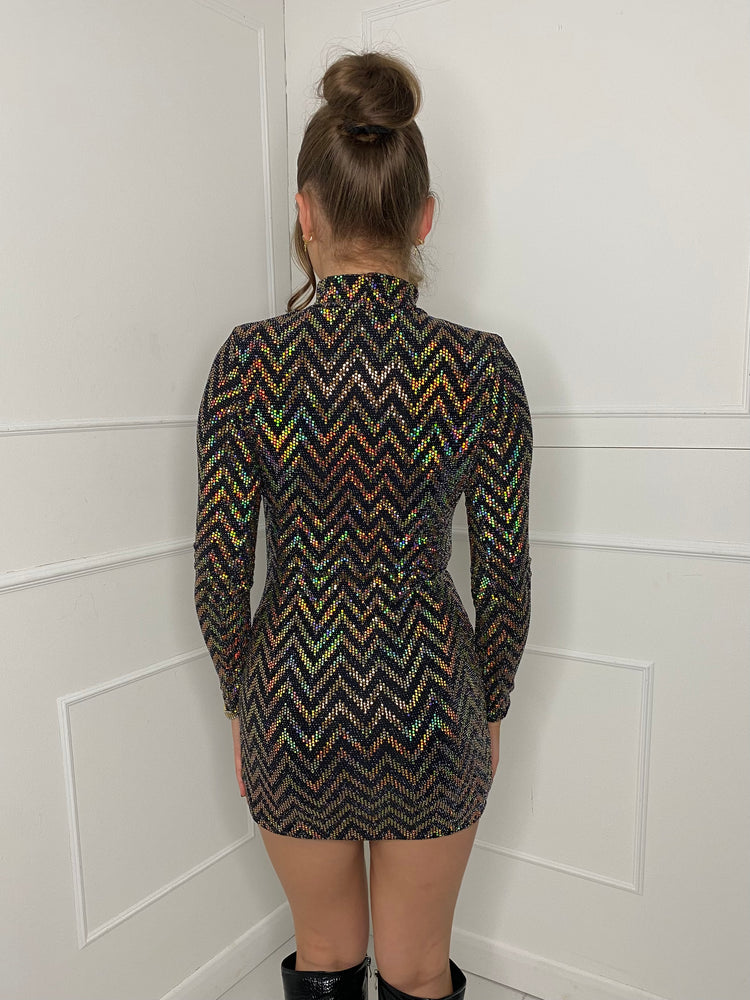 Holographic Sequin Padded Shoulder Dress - Gold Zigzag