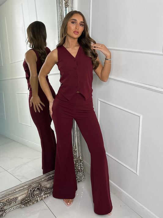 V neck Button Detail Waistcoat & Kick Flares Set - Wine