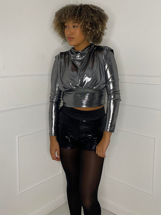 Metallic Padded Shoulder Top - Silver