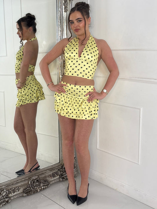 Polka Dot Halter Neck Top & Double Frill Skirt - Yellow