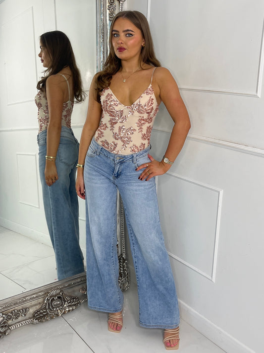 Strappy Sequin Detail Bodysuit - Beige