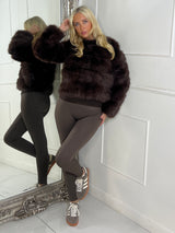 Tiered Faux Fur Round Neck Jacket - Brown