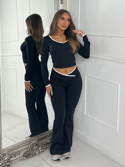 Crossover Ruched Bum Flares & Line Detail Long Sleeved Top - Black