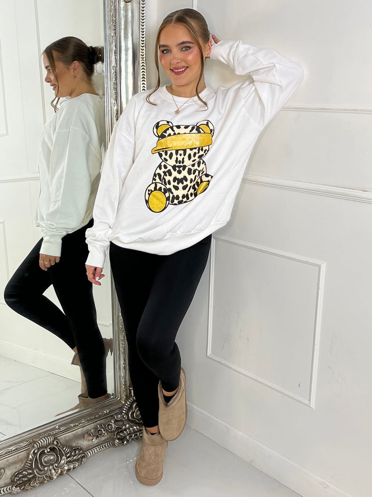 Leopard Print Teddy Oversized Sweatshirt - White