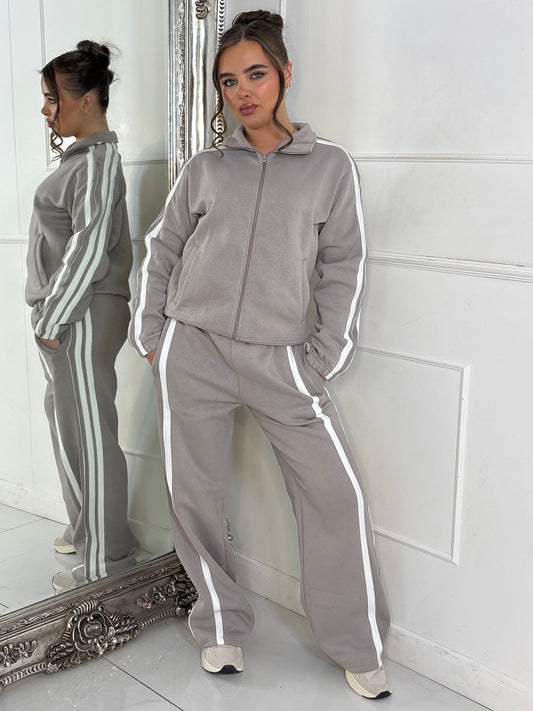 Side Stripe Collared Zip Up Jacket & Joggers Tracksuit - Dove Grey