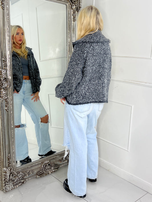 Oversized Collar Pocket Detail Knitted Zip Up Jumper - Grey