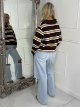 Striped Neutral Toned Collared Jumper - Brown