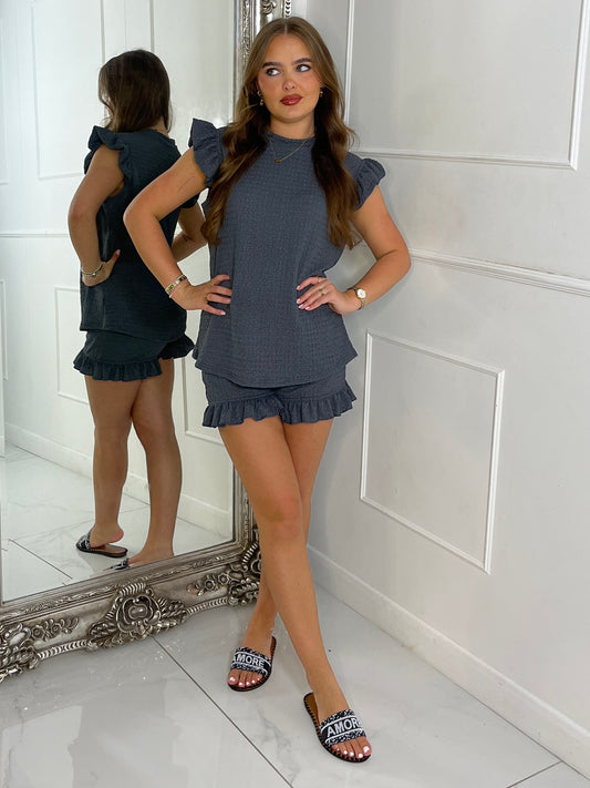 Short Sleeve Frill Detail Top & Shorts Set - Charcoal Grey