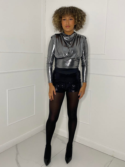 Metallic Padded Shoulder Top - Silver