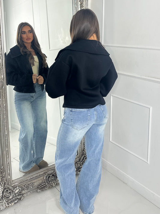 Zip Up Oversized Collar Jacket - Black