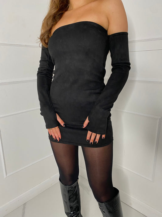 Strapless Dress with Detached Sleeves  - Black Suede