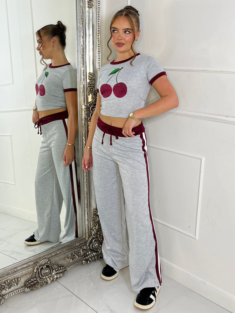 Cherry Tee & Side Stripe Trousers Co-Ord - Grey