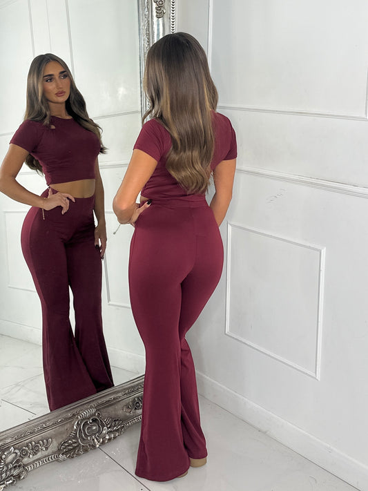 Heart Detail Crop Top & Wide Leg Pants Set - Wine