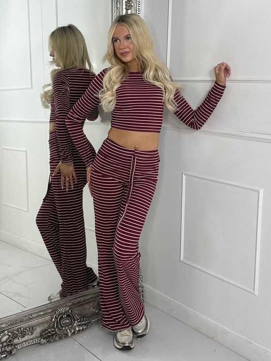 Striped Long Sleeve Top & Wide Leg Pants Co-Ord - Wine/White