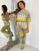 Mesh Cropped T-Shirt and Flares Co-Ord - Multi Zigzag