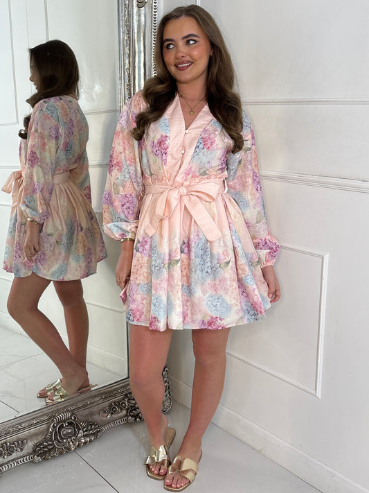 Floral Linen Tie Belt Flowy Dress - Pink Multi