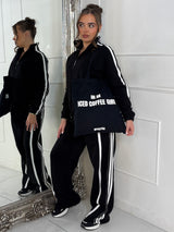 Side Stripe Collared Zip Up Jacket & Joggers Tracksuit - Black