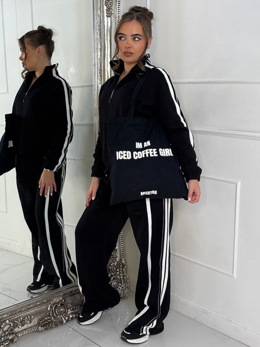 Side Stripe Collared Zip Up Jacket & Joggers Tracksuit - Black