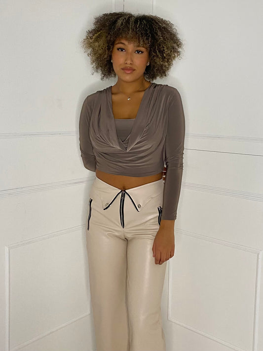 Cowl Neck Long Sleeve Top - Mocha