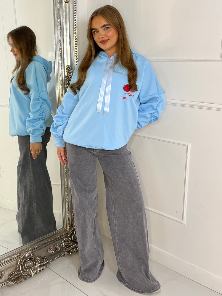 Cherry Perfection Print Ruche Sleeve Hoodie - Baby Blue