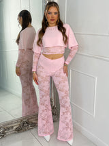 Round Neck Lace Underlayer Long Sleeved Cropped Top & Built In Pink Knicker Underlayer Lace Flares Co-Ord - Baby Pink