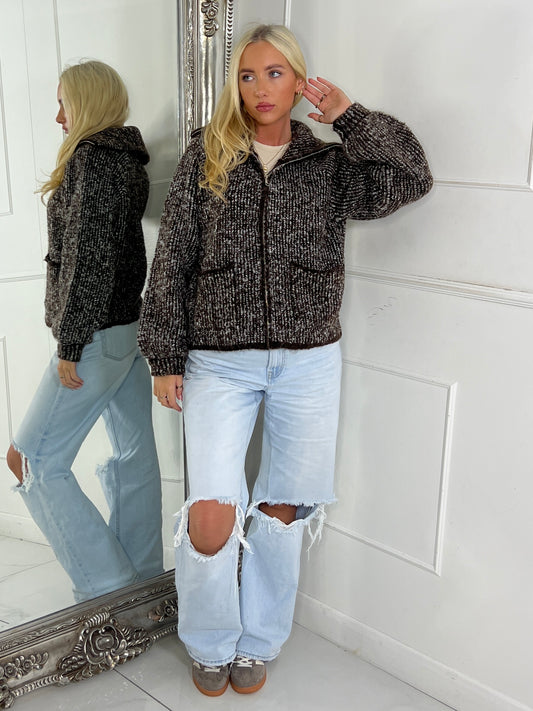 Oversized Collar Pocket Detail Knitted Zip Up Jumper - Brown