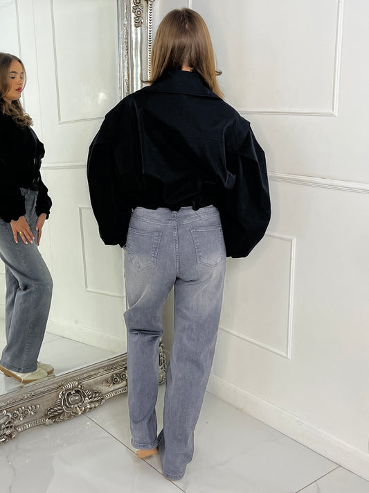 Crop Balloon Sleeve Trench Jacket - Black
