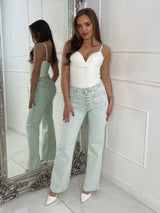 High Waist Pocket Front Jewelled Button Acid Wash Jeans - Mint