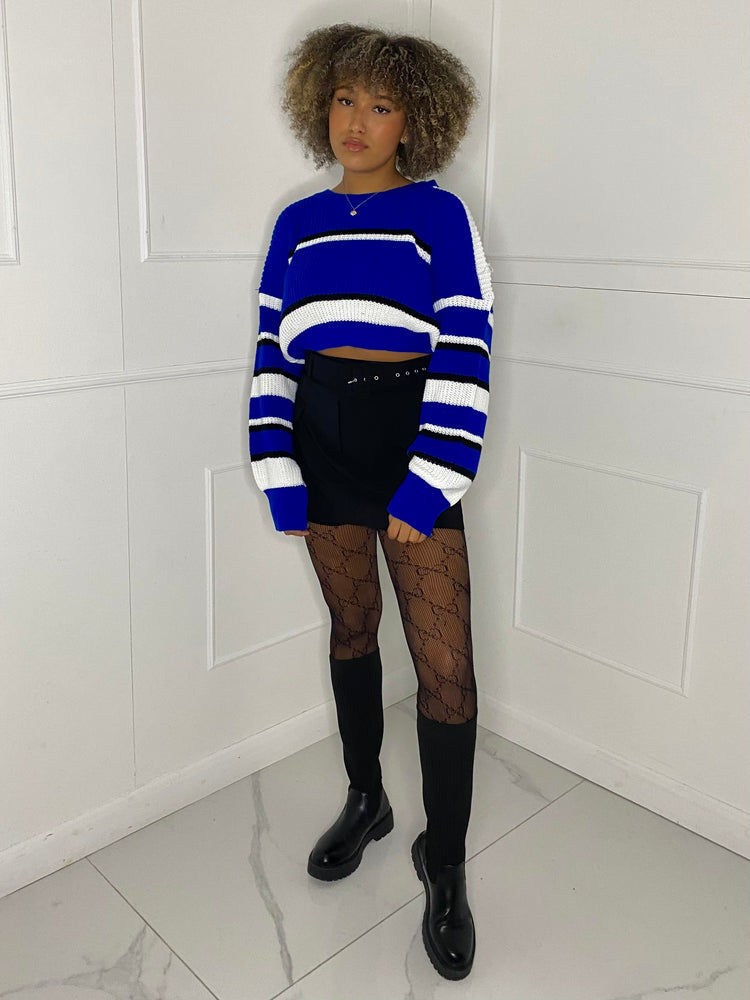 Striped Cropped Knitted Jumper -  Royal Blue