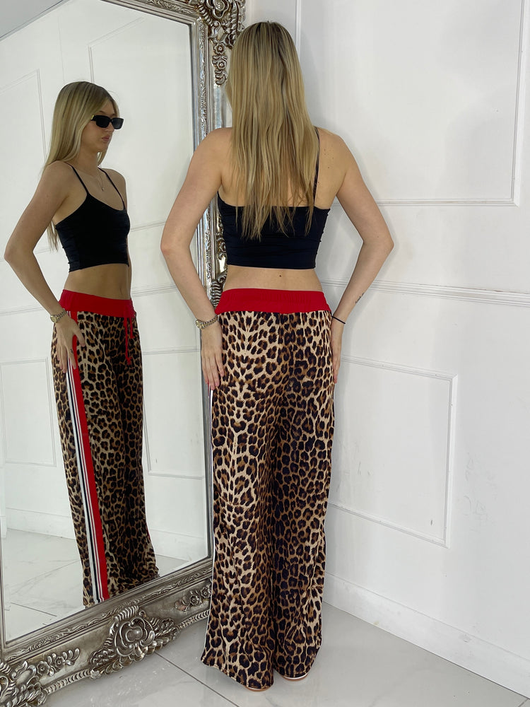 Leopard Print Red Side Stripe Trousers