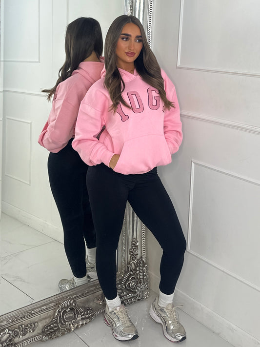 YOGA Textured Slogan Hoodie - Pink