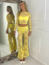 Lace Fitted Long Sleeve Top & Built In Knicker Lace Flares Co-Ord - Yellow