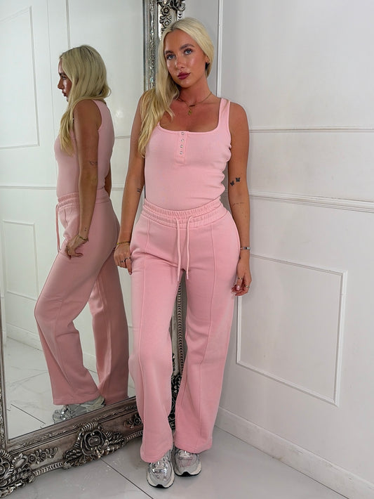 Ribbed Vest Top & Straight Leg Joggers Set - Baby Pink