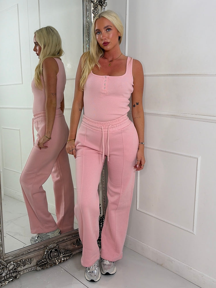 Ribbed Vest Top & Straight Leg Joggers Set - Baby Pink