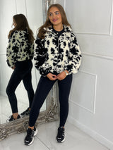 Smudge Print Zip Up Fleece Teddy Jacket - Black/White