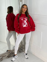 Oversized Sporty Season Teddy Bear Sweatshirt - Red & White