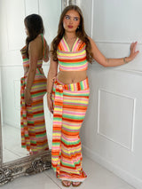Cowl Neck Knitted Crochet Top & Tie Midi Skirt - Orange Multi