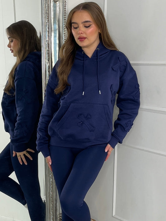 Embroidered Cross Hoodie - Navy