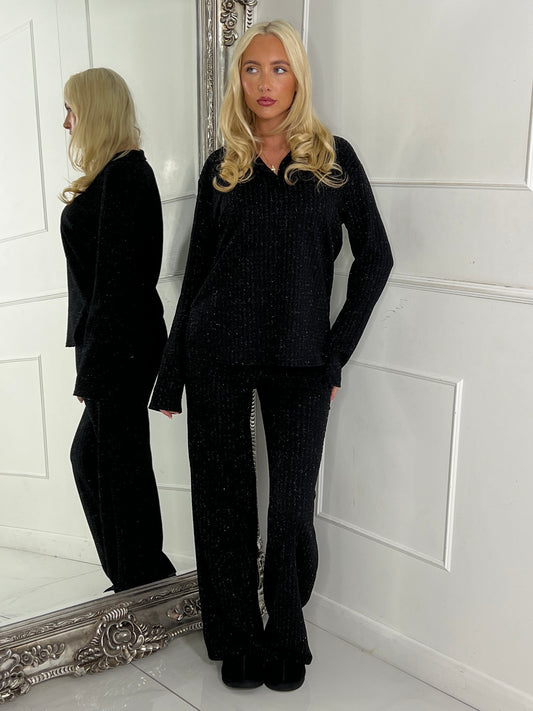 Lurex Glitter Oversized Shirt & Wide Leg Pants Co-Ord - Black